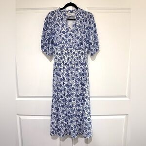 Blue floral maxi dress sz L lined cinched waist